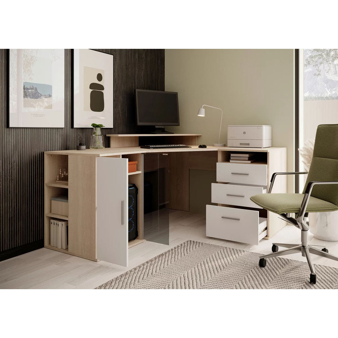 BIROUL DE COLT 140/173/75 cm alb, stejar Sonoma